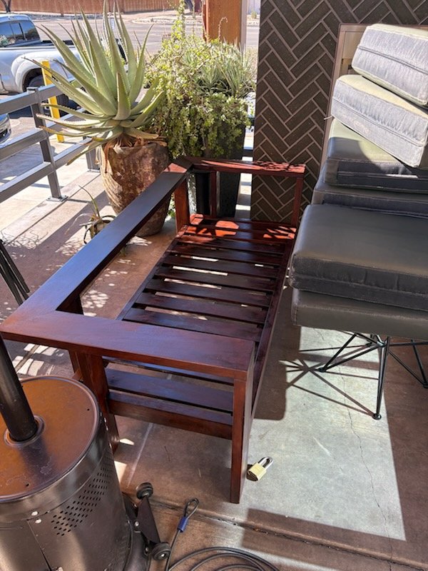 Outdoor furniture refinished dark mahogany stain Tucson AZ