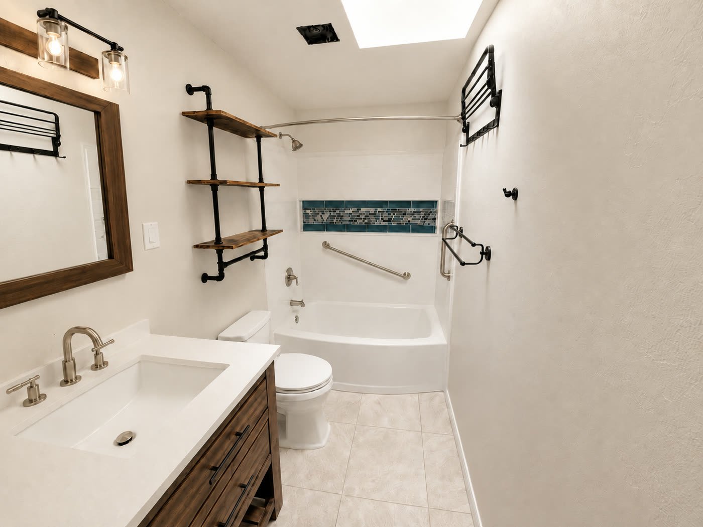 The same Tucson bathroom after renovation — new tub surround, glass-tile accent band, vanity, fixtures and open shelving