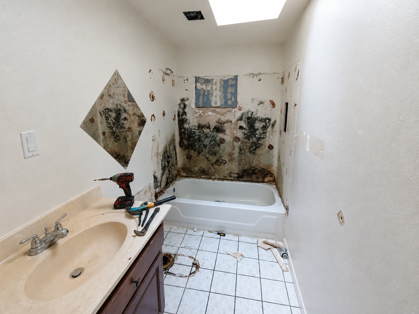 Tucson bathroom before renovation — water-damaged walls with heavy mold around a stripped tub surround
